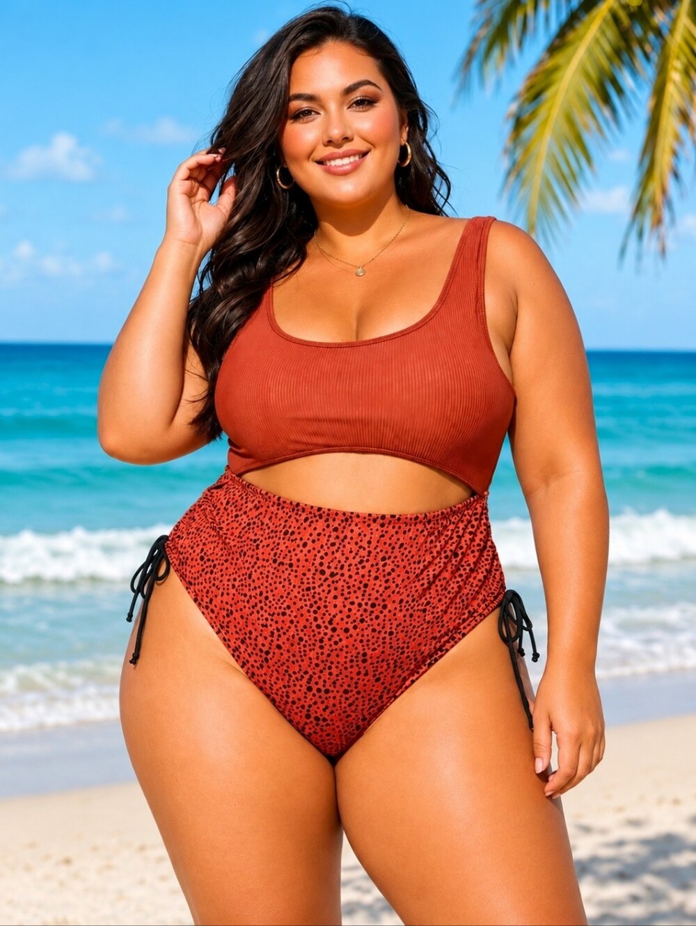 Womens 4XL Rust Orange Cutout One Piece Swimsuit Speckled High Waisted Monokini